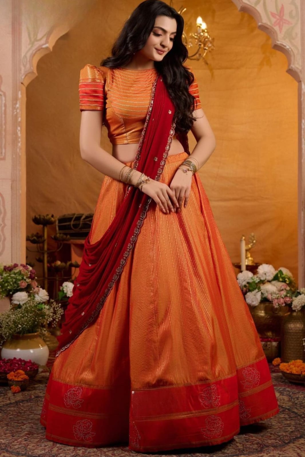 Manohari Soft Silk Orange Lehenga Set 2 Manohari Soft Silk Orange Lehenga Set