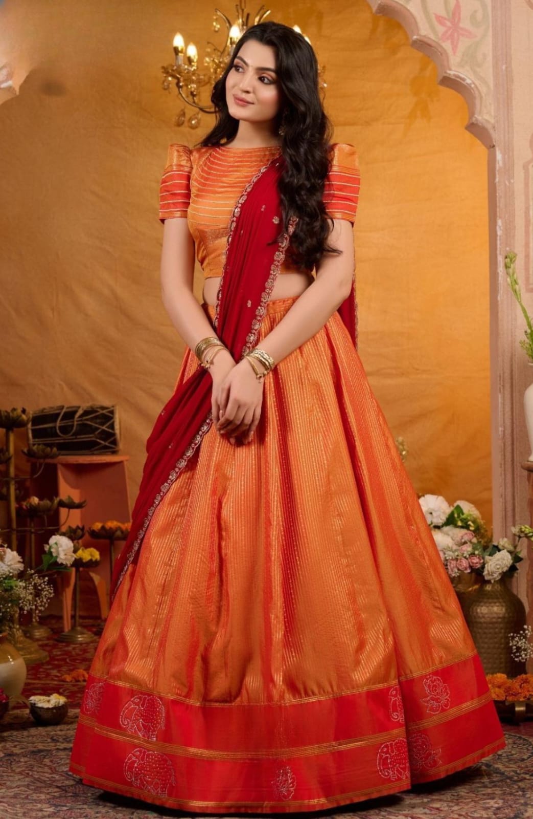 Manohari Soft Silk Orange Lehenga Set 93 Manohari Soft Silk Orange Lehenga Set