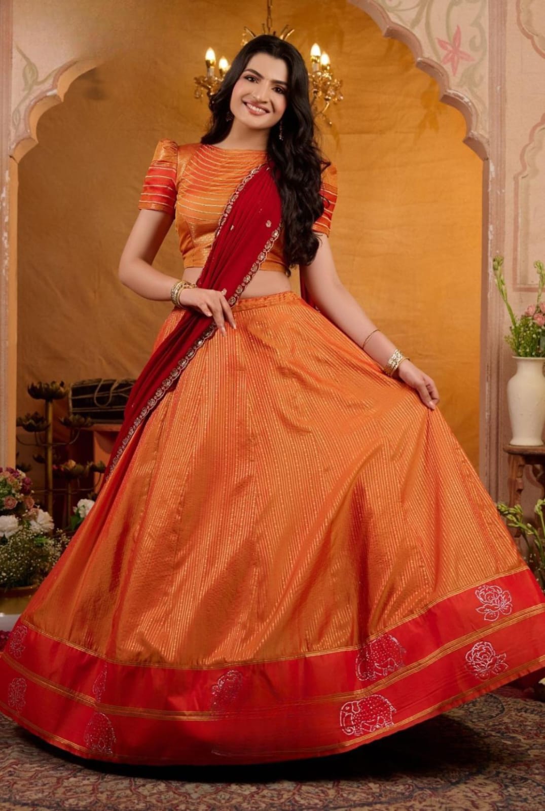 Manohari Soft Silk Orange Lehenga Set 6 Manohari Soft Silk Orange Lehenga Set - Image 6