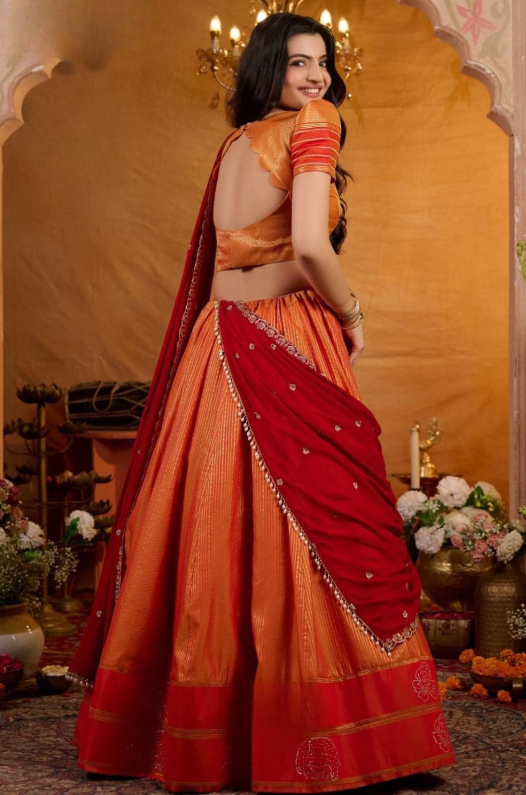 Manohari Soft Silk Orange Lehenga Set 7 Manohari Soft Silk Orange Lehenga Set - Image 7