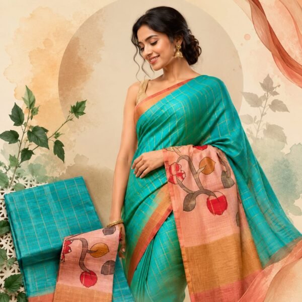 Check Zari Pure Handloom Tussar Saree