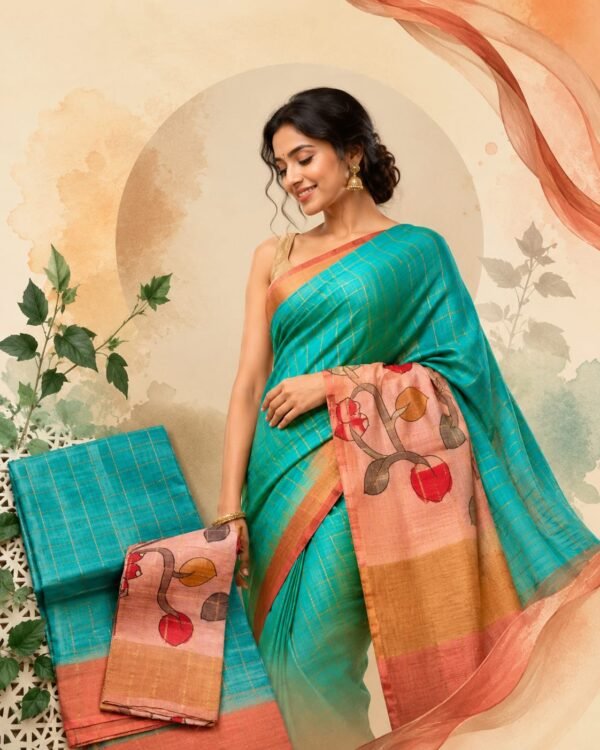 Check Zari Pure Handloom Tussar Saree