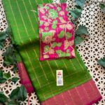Checks zari border pure handloom tussar saree with kalamkari blouse 2