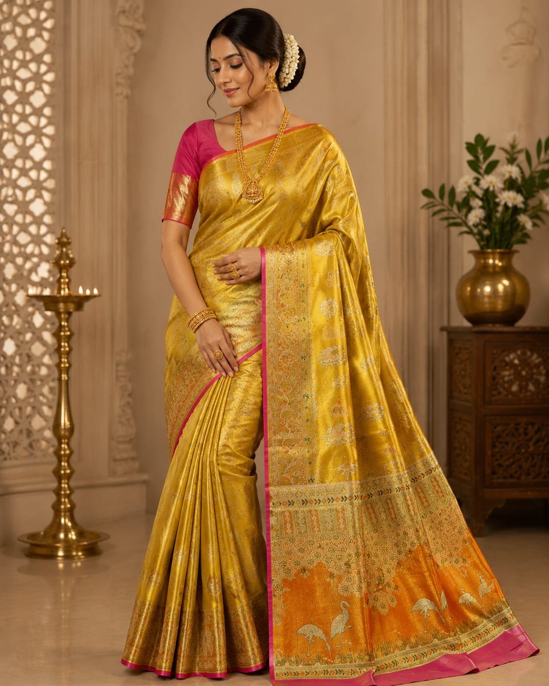 Exclusive pure kanchipuram tissue edge to edge 1g meenakari designs