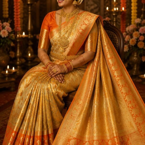 Exclusive wedding collection pure kanchipattu resham warp edge to edge Meenakari patterns