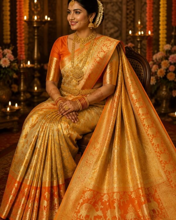 Exclusive wedding collection pure kanchipattu resham warp edge to edge Meenakari patterns