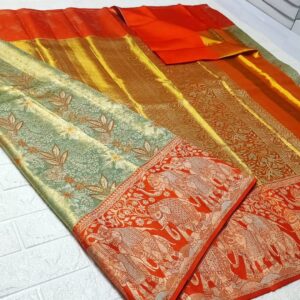 Exclusive wedding collection pure kanchipattu resham warp edge to edge Meenakari patterns