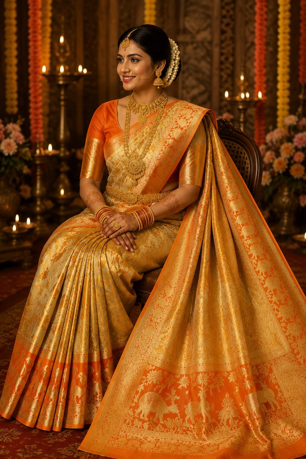 Exclusive wedding collection pure kanchipattu resham warp edge to edge Meenakari patterns