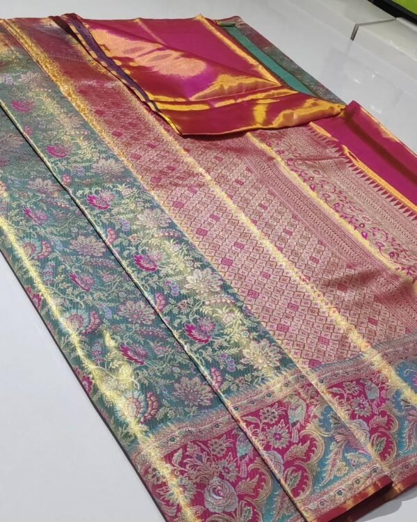 Exclusive wedding collection pure kanchipattu resham warp edge to edge Meenakari patterns