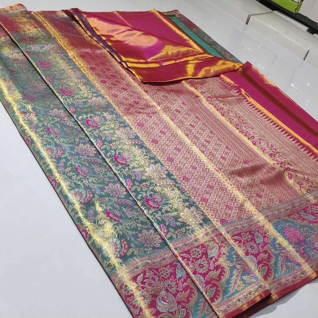 Exclusive wedding collection pure kanchipattu resham warp edge to edge Meenakari patterns
