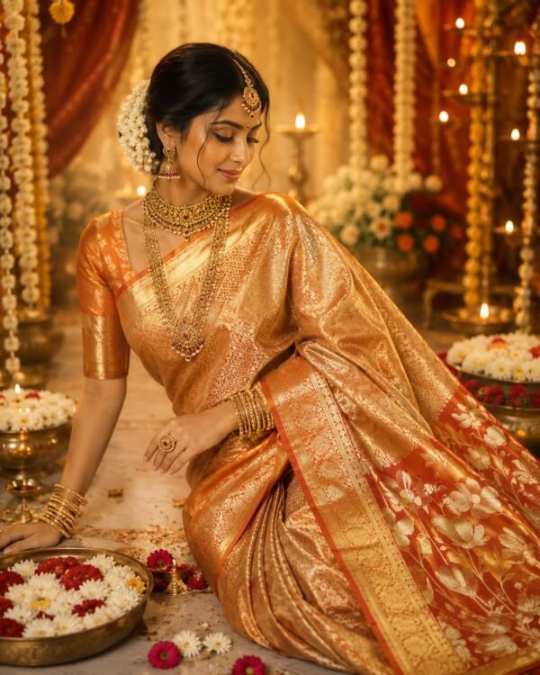 Exclusive wedding collection pure kanchipattu tissue flower brocade with meena work designs 