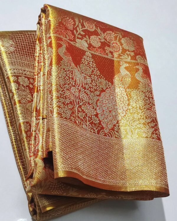 Exclusive wedding collection pure kanchipattu tissue flower brocade with meena work designs