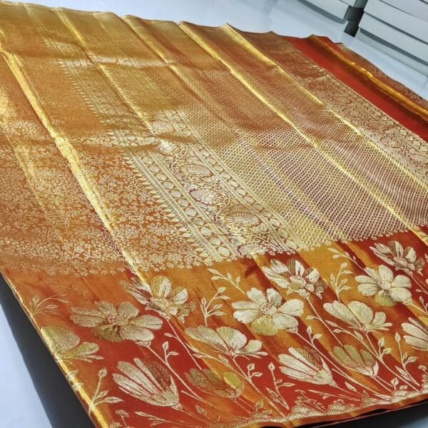 Exclusive wedding collection pure kanchipattu tissue flower brocade with meena work designs