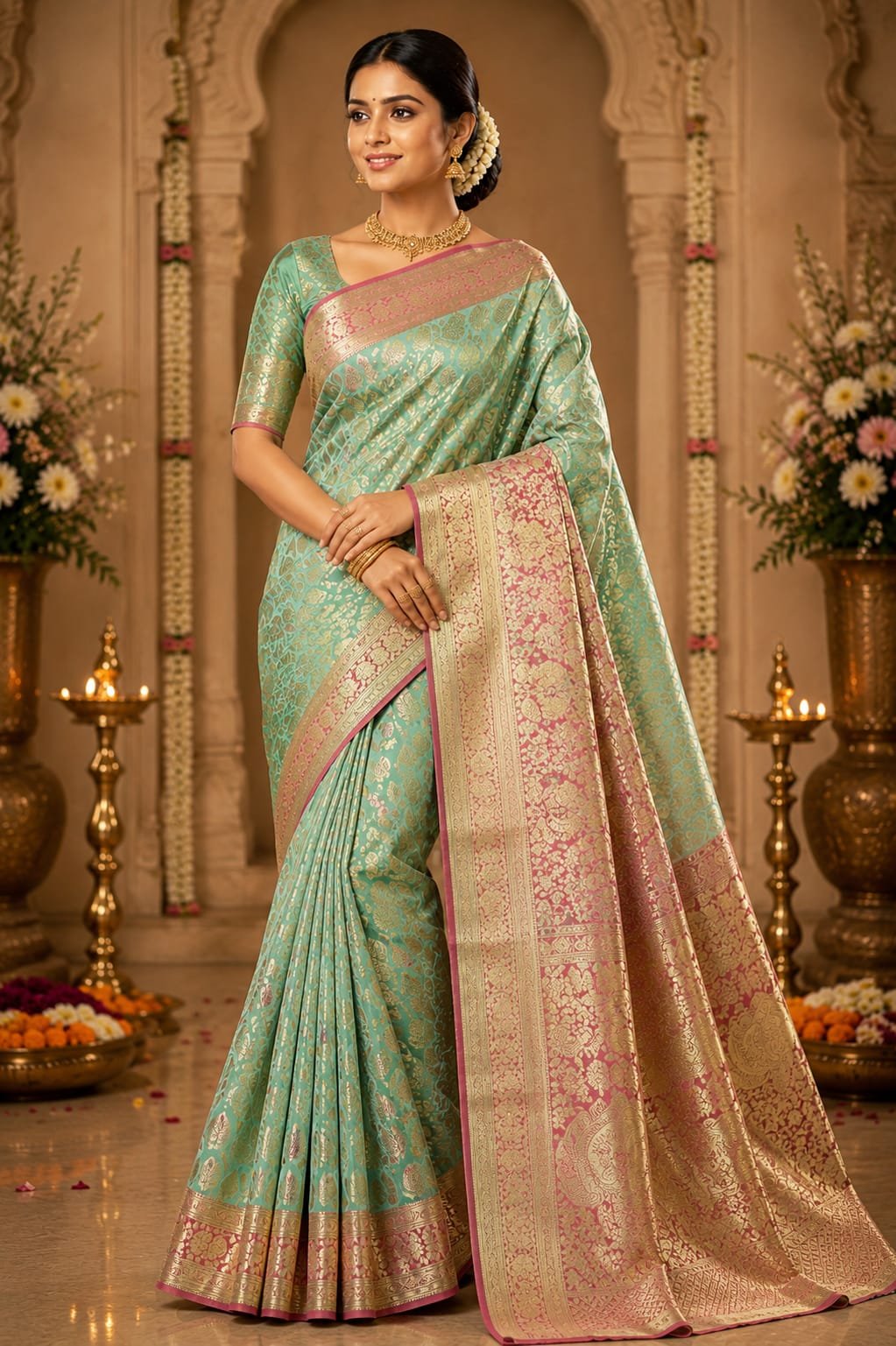 New Pure kanchipattu tissue edge-to-edge Meenakari patterns 