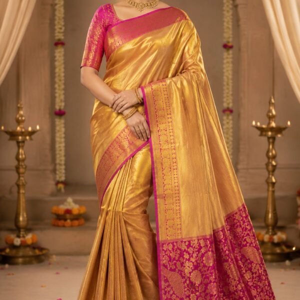 New Pure kanchipattu tissue edge-to-edge Meenakari emboss designs