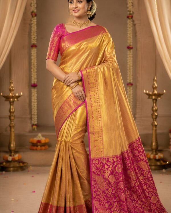 New Pure kanchipattu tissue edge-to-edge Meenakari emboss designs