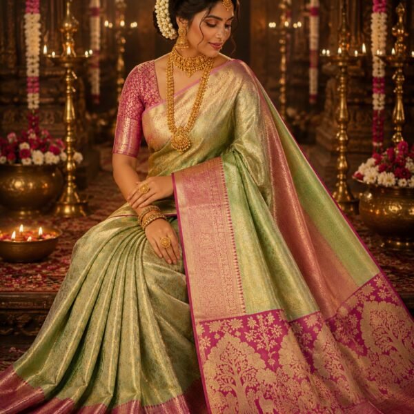 New arrival pure kanchipattu tissue Meenakari edge to edge designs 