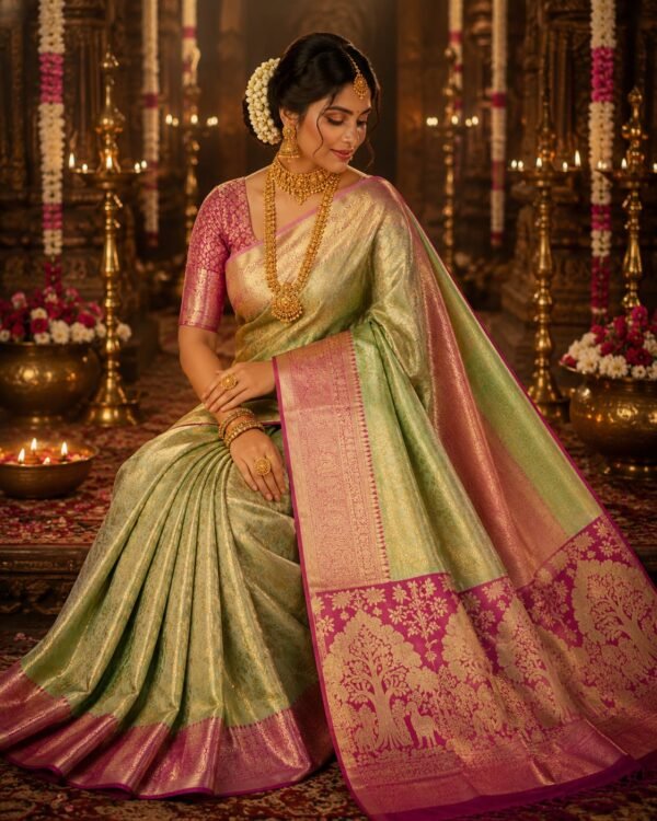 New arrival pure kanchipattu tissue Meenakari edge to edge designs 