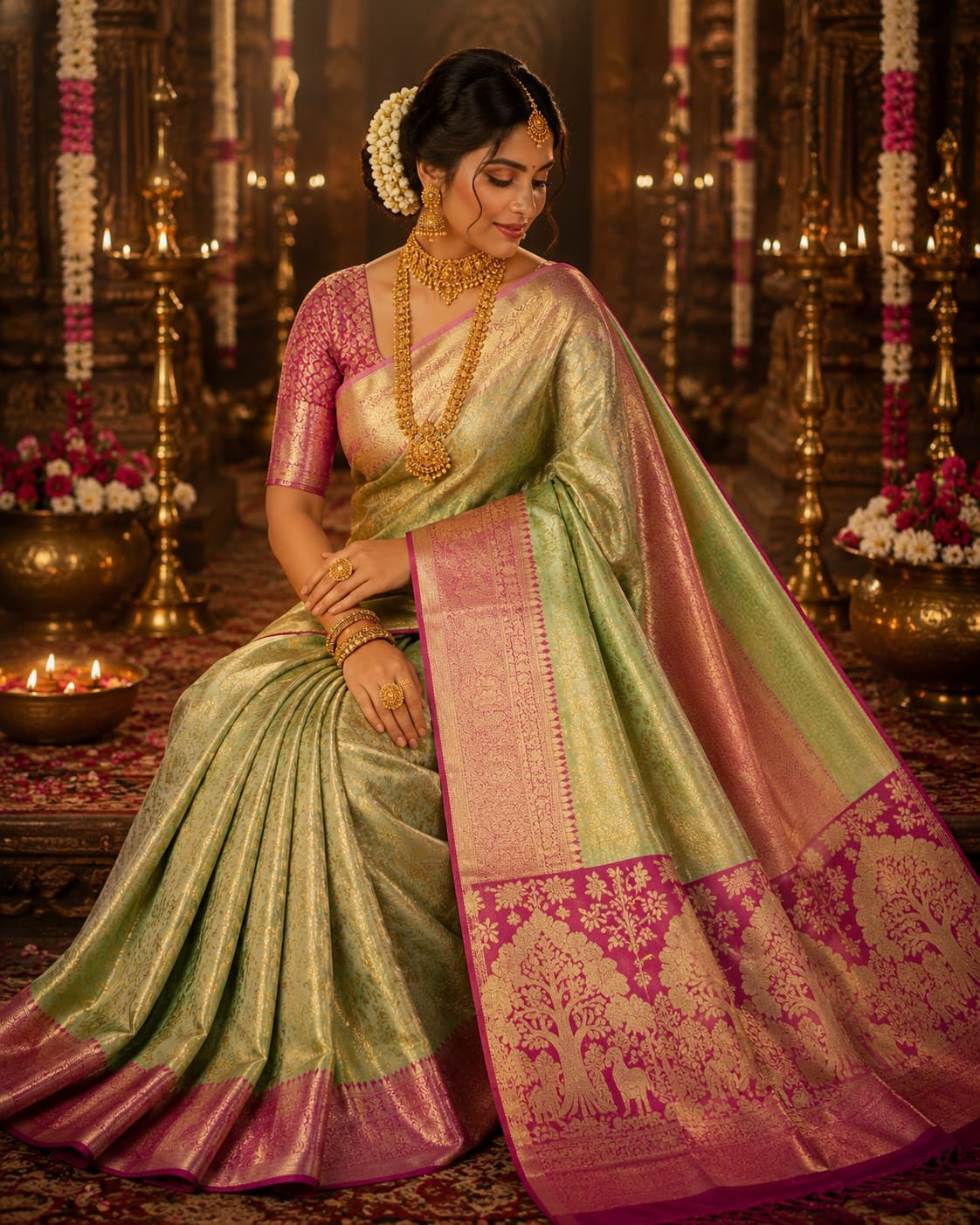 New arrival pure kanchipattu tissue Meenakari edge to edge designs 