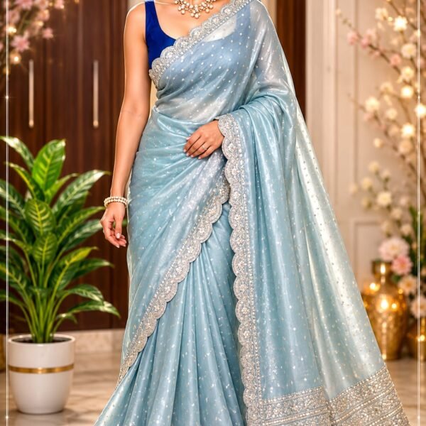 Pure handloom tissue silk saree with exquisite zari weaving in scallop zardosi borders