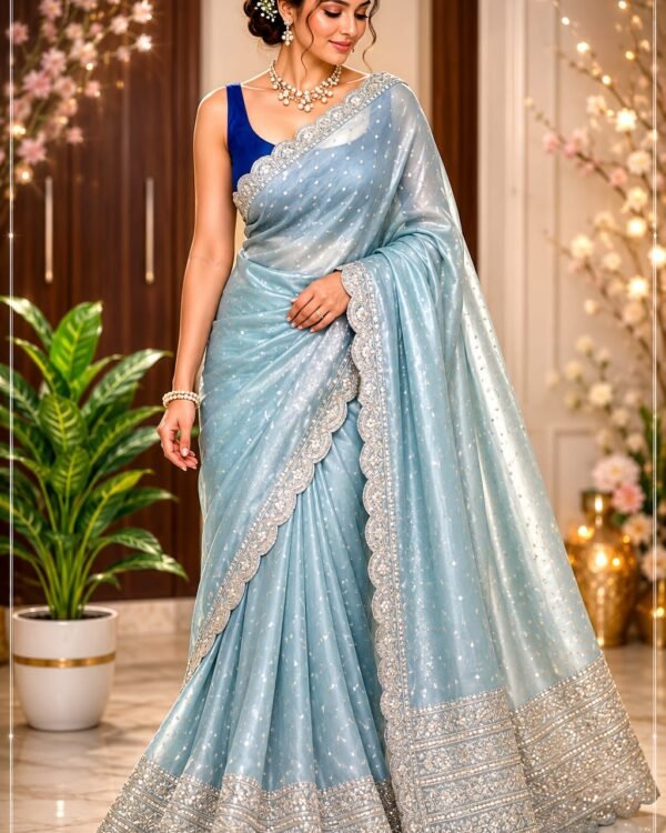 Pure handloom tissue silk saree with exquisite zari weaving in scallop zardosi borders
