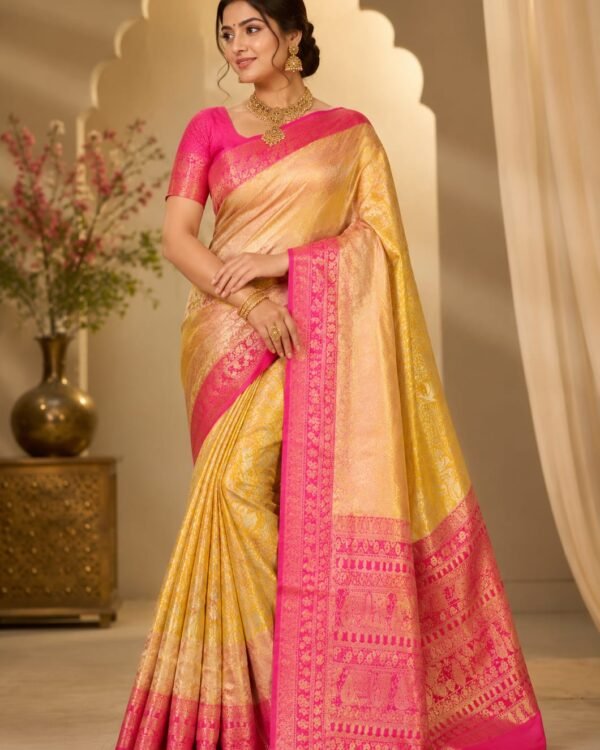 Pure kanchipattu tissue edge-to-edge Meenakari emboss designs