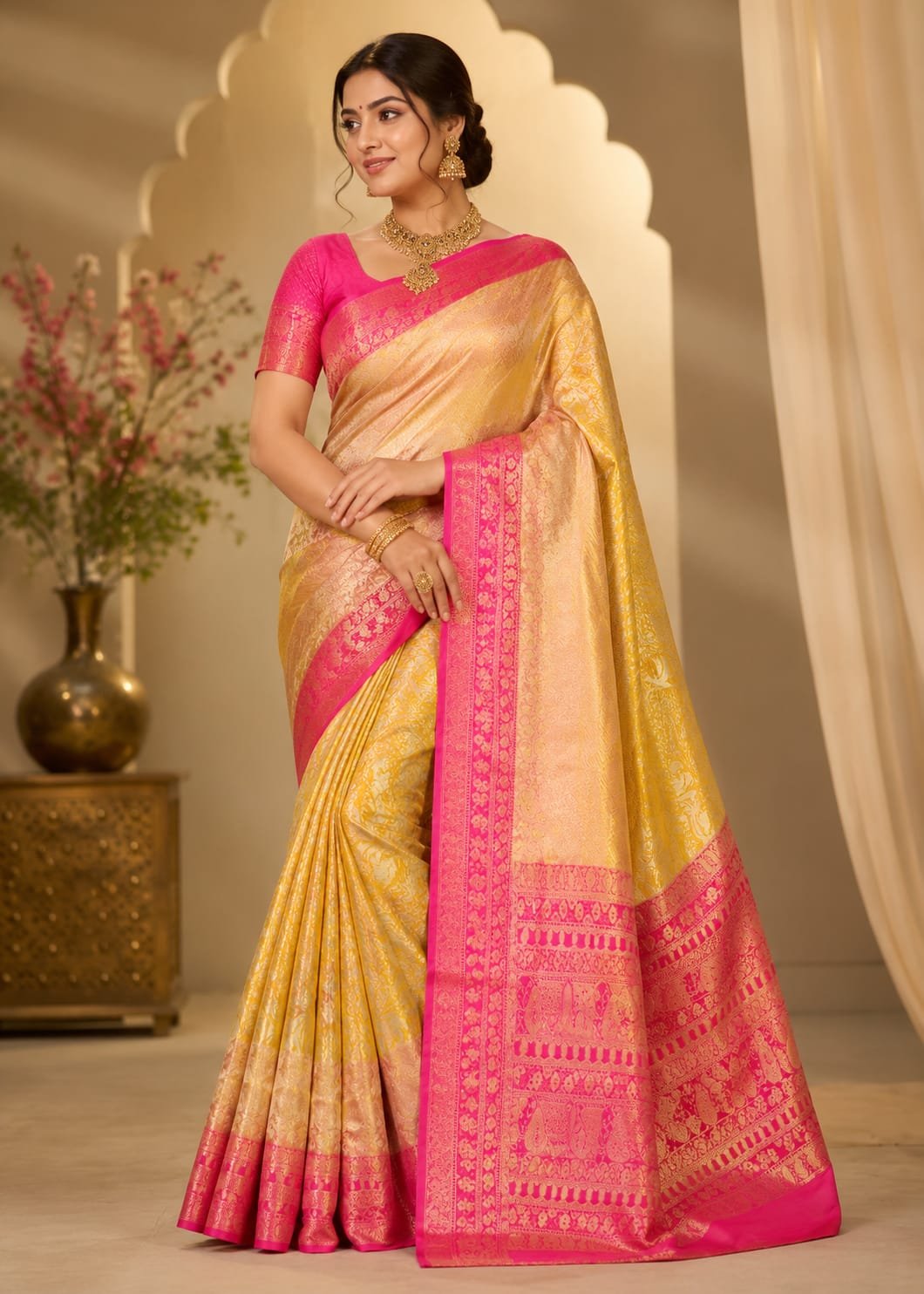Pure kanchipattu tissue edge-to-edge Meenakari emboss designs