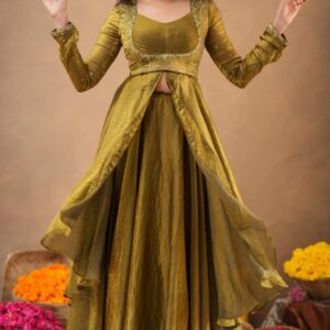 No 1 Designer Party Wear Gown Stylista 2-In-1 Indo Western In Olive Gold