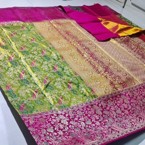 Trendy collection pure kanchipattu tissue resham warp border with 1g meenakari brocade designs 