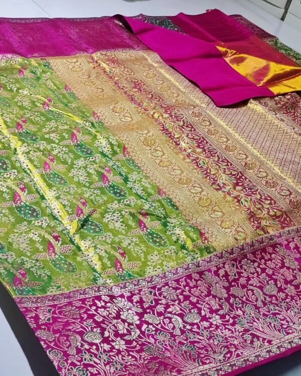 Trendy collection pure kanchipattu tissue resham warp border with 1g meenakari brocade designs 