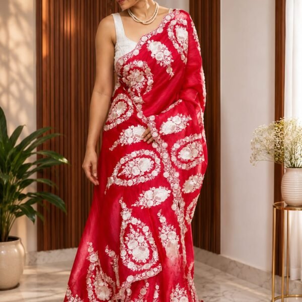 Crush Tissue Silk Saree with Parsi Florals