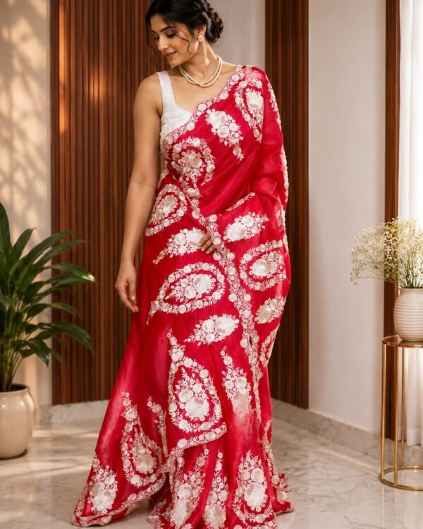 Crush Tissue Silk Saree with Parsi Florals