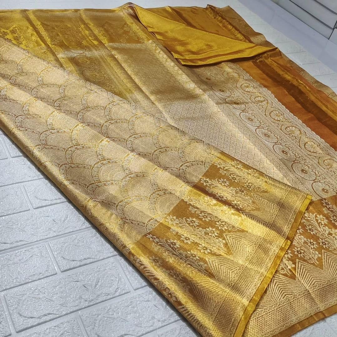 Pure kanchipattu tissue edge to edge silver with gold zari 1 Pure kanchipattu tissue edge to edge silver with gold zari