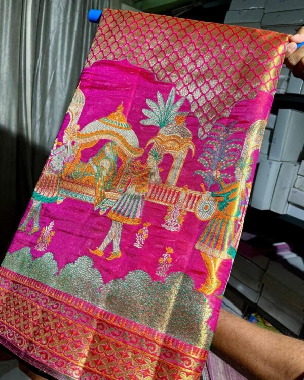 Premium quality pure kanchipattu resham double pallaki boarder with checks Meena work designs