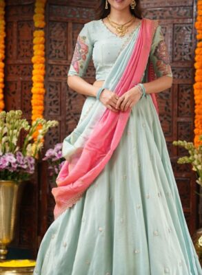 Aqua Blue Tissue Kalamkari Lehenga Set