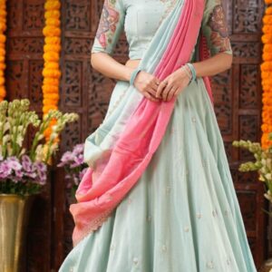 Aqua Blue Tissue Kalamkari Lehenga Set