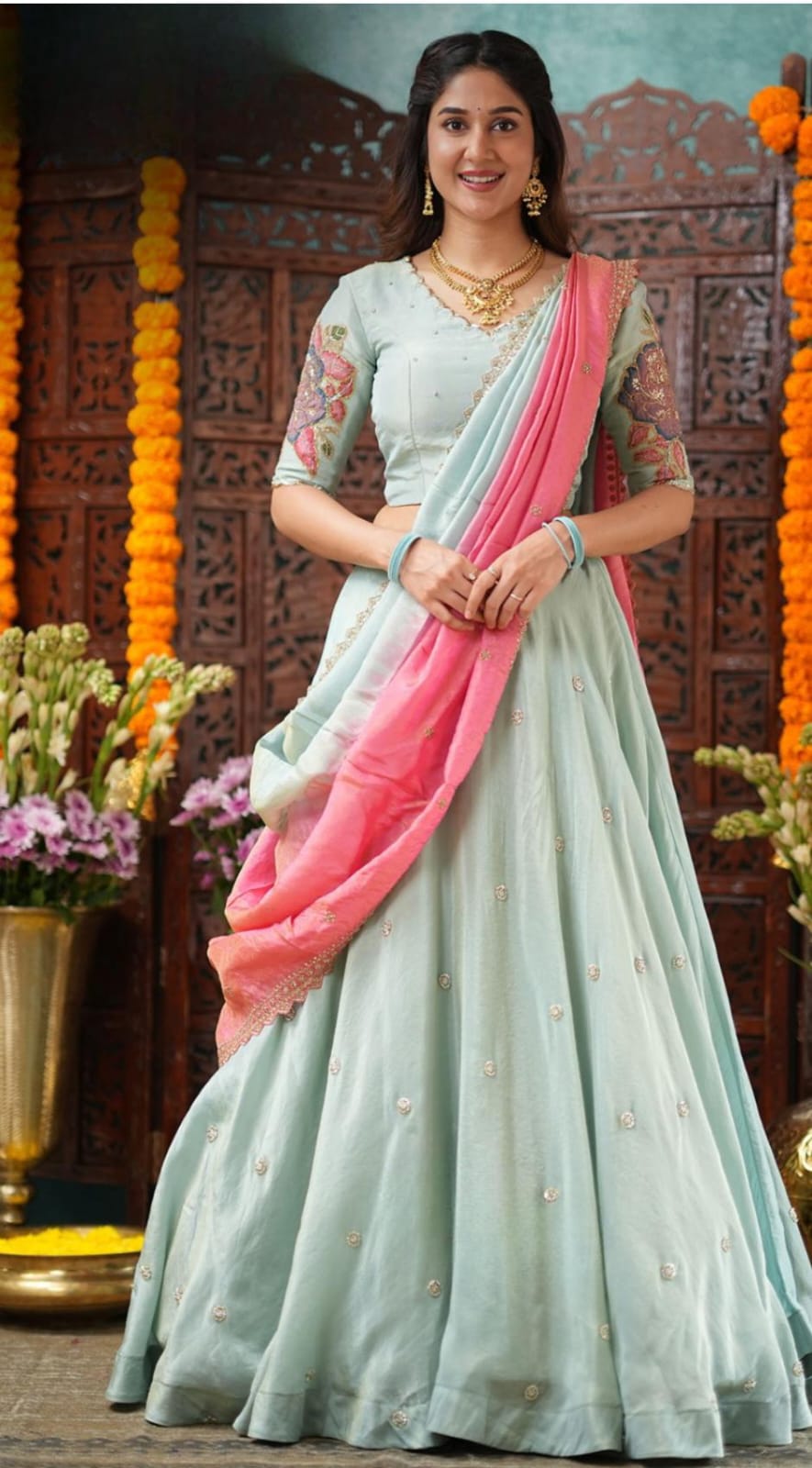 New Aqua Blue Tissue Kalamkari Lehenga Set 20 Aqua Blue Tissue Kalamkari Lehenga Set