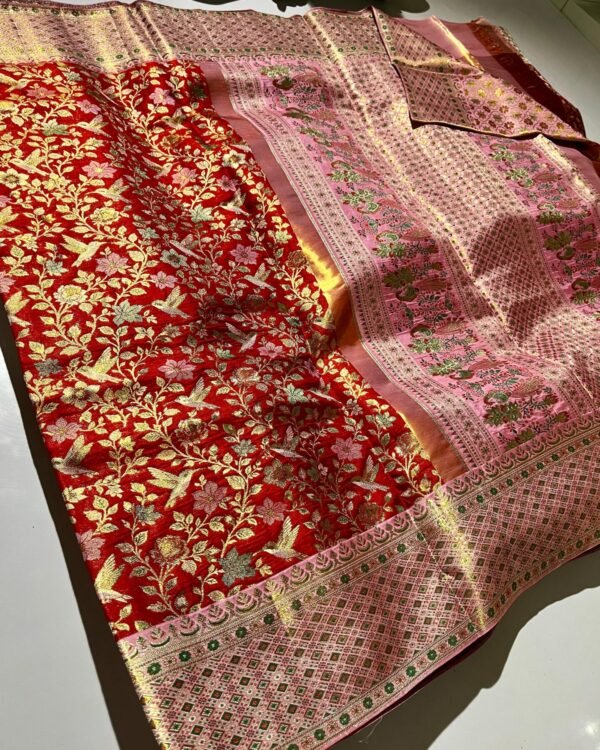 Pure kanchipattu goldish edge to edge all over Meenakari brocade