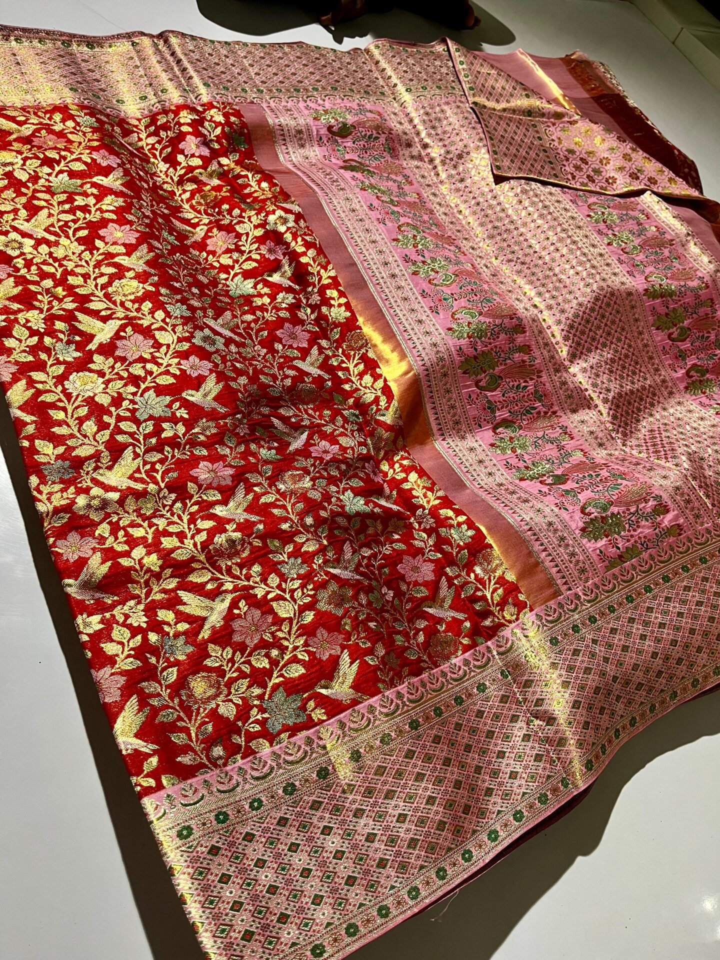 Pure kanchipattu goldish edge to edge all over Meenakari brocade