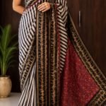 Party Wear Saree Collections – Eflina 24 Black-and-White striped Pure Munga Silk Saree