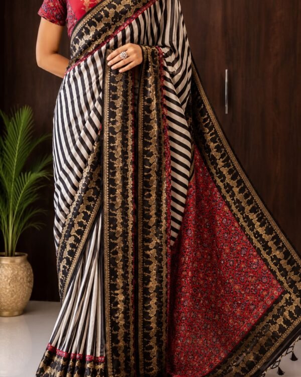 Black-and-White striped Pure Munga Silk Saree