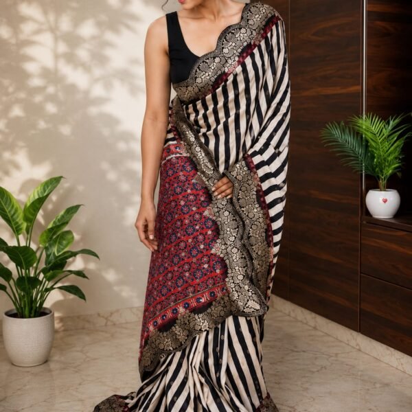 Black-and-white striped pure munga silk saree