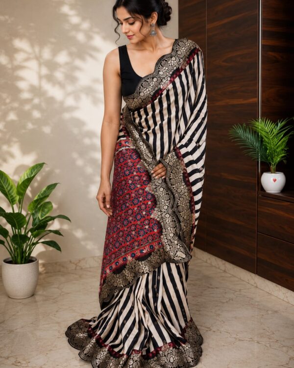 Black-and-white striped pure munga silk saree