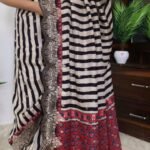 Black-and-white striped pure munga silk saree