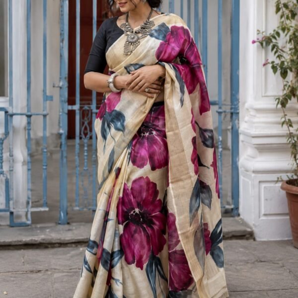 Exclusive hand-painted tussar saree