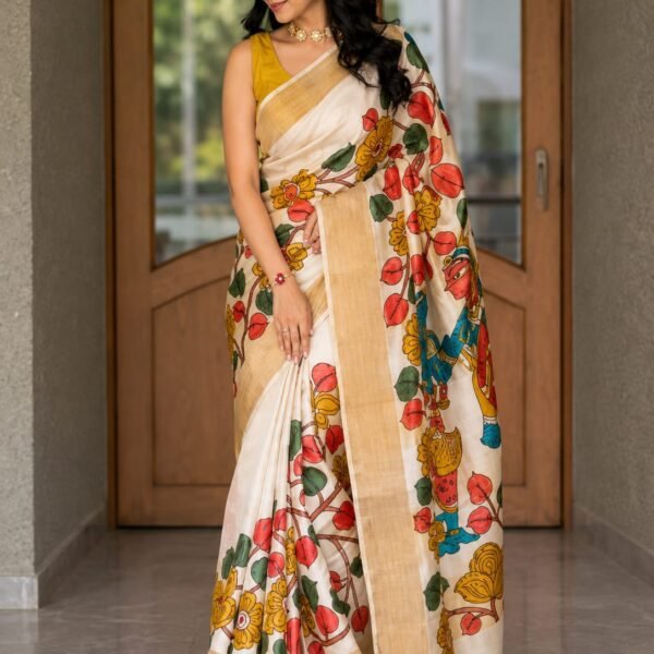 Kalamkari zari border handloom tussar saree