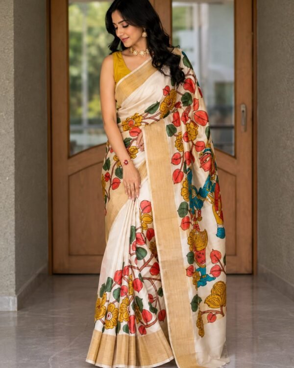Kalamkari zari border handloom tussar saree