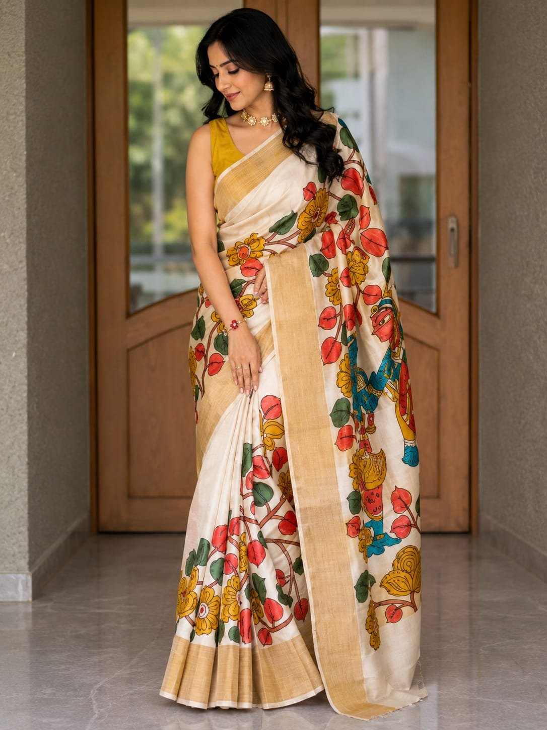Kalamkari zari border handloom tussar saree 1 Kalamkari zari border handloom tussar saree