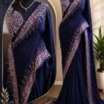 Party Wear Saree Collections – Eflina 10 Navy Blue Sequins Embroidered Designer Crepe Saree