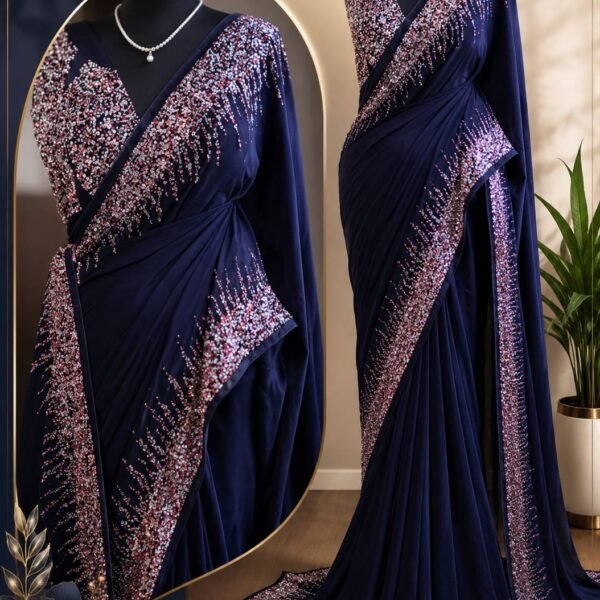 Navy Blue Sequins Embroidered Designer Crepe Saree